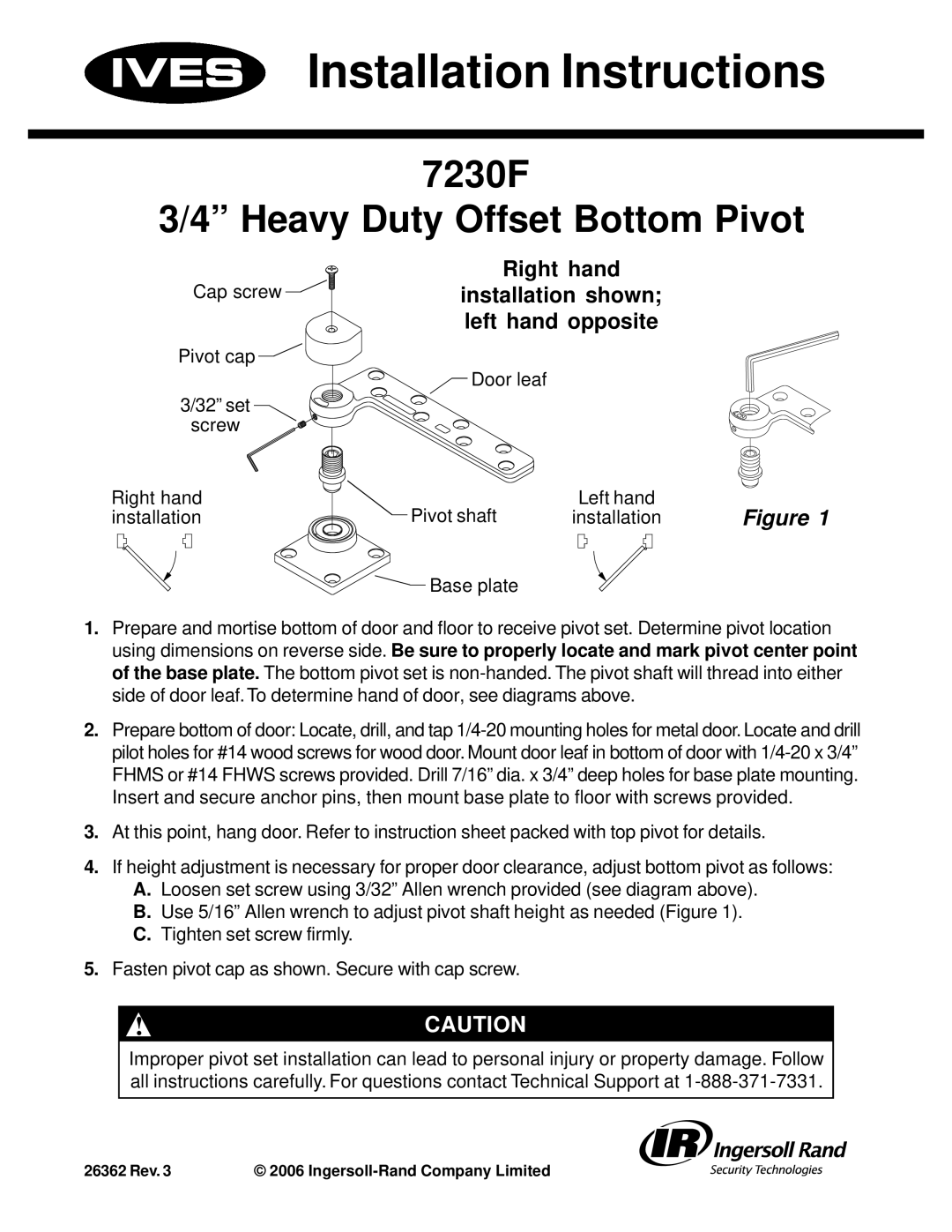 Ives installation instructions Installation Instructions, 7230F Heavy Duty Offset Bottom Pivot 