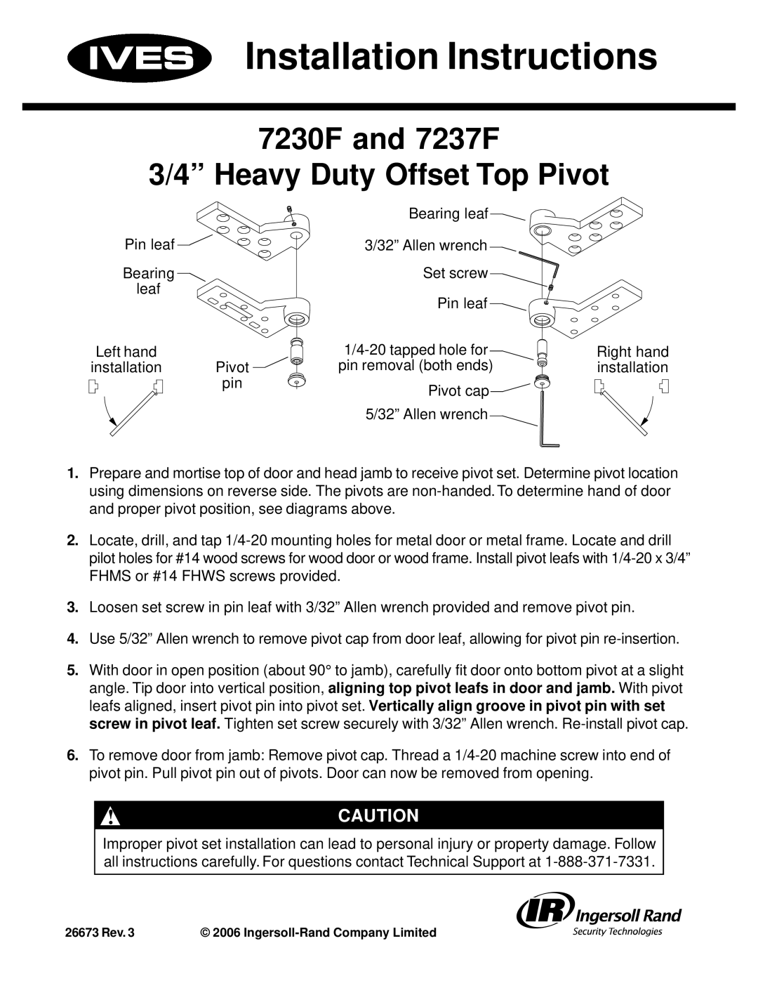 Ives installation instructions Installation Instructions, 7230F and 7237F Heavy Duty Offset Top Pivot 