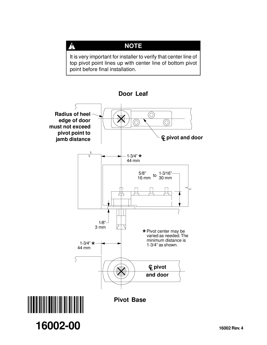 Ives 7253 installation instructions Door Leaf, Pivot Base 