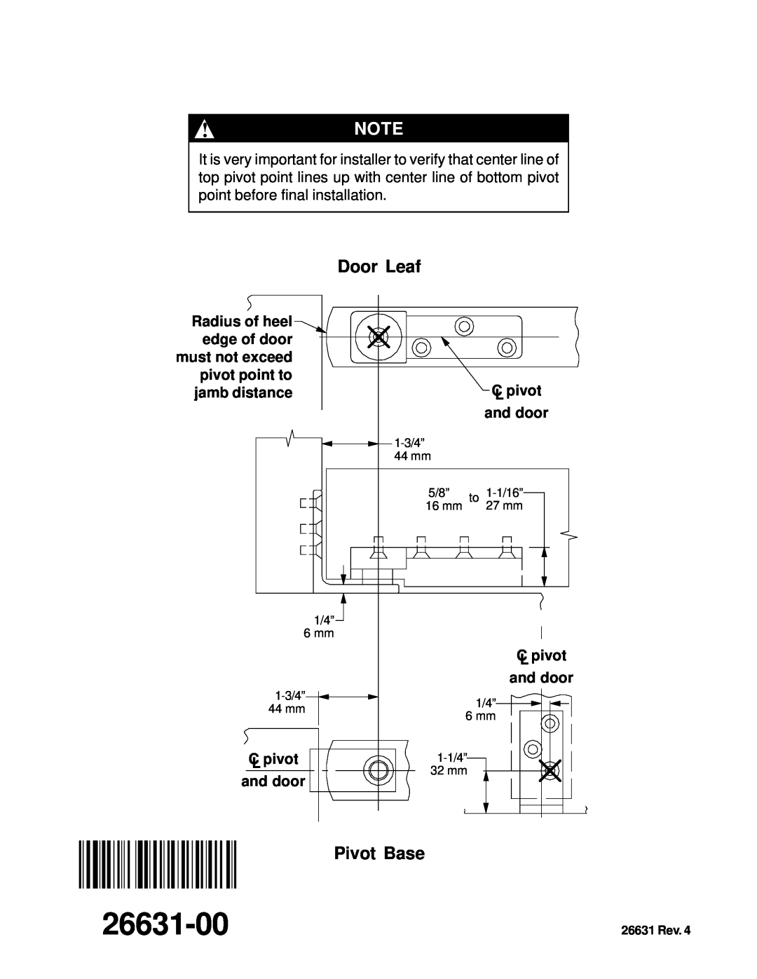 Ives 7255J installation instructions 26631-00, Door Leaf, Pivot Base, 26631 Rev 