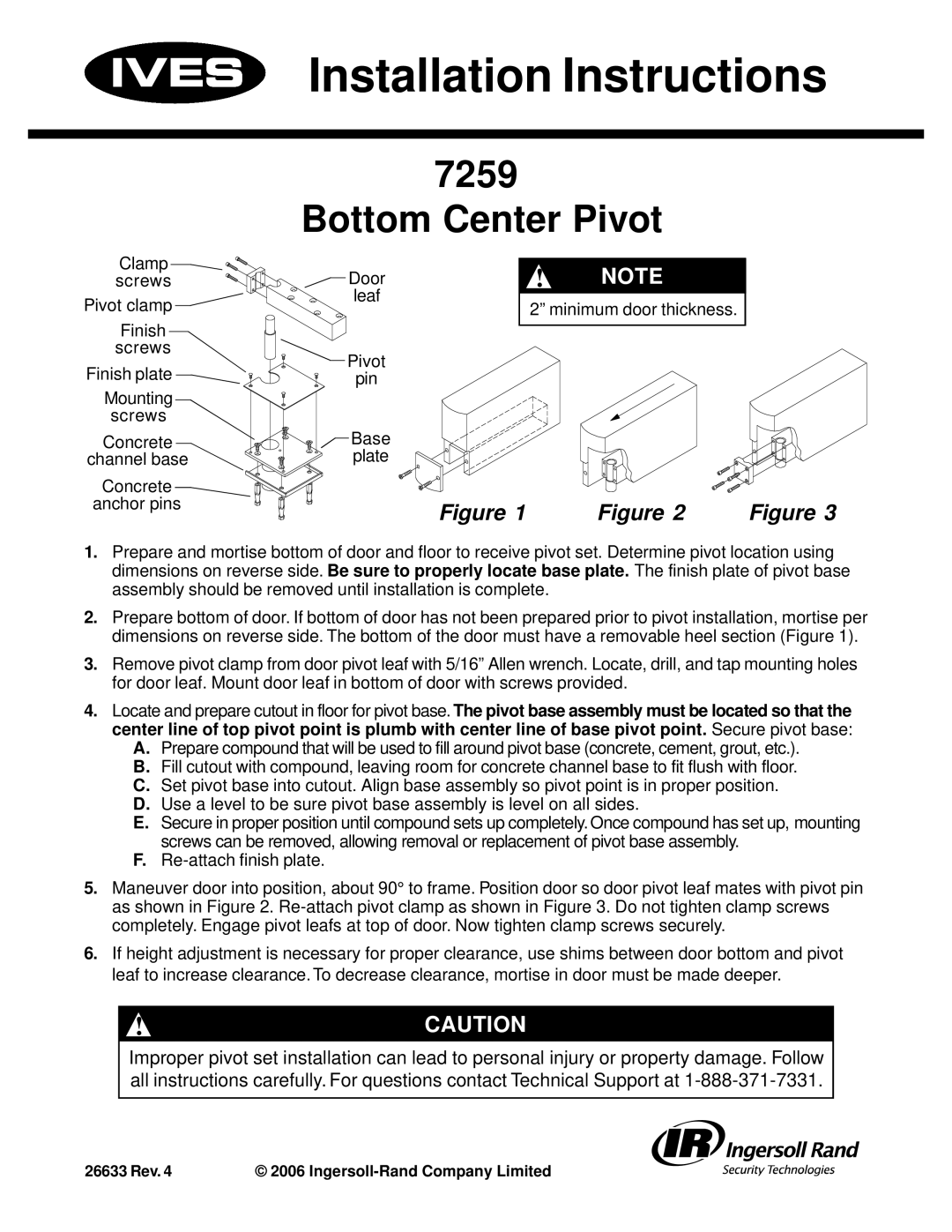 Ives 7259 installation instructions Installation Instructions, Bottom Center Pivot 