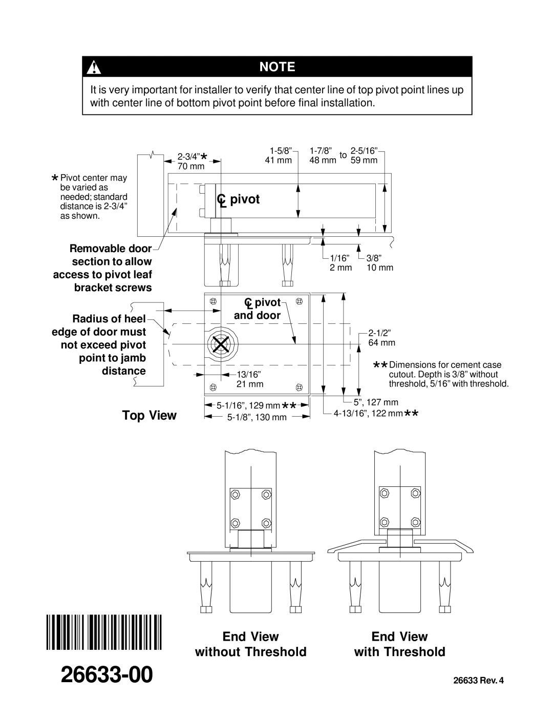 Ives 7259 installation instructions Pivot, Top View 