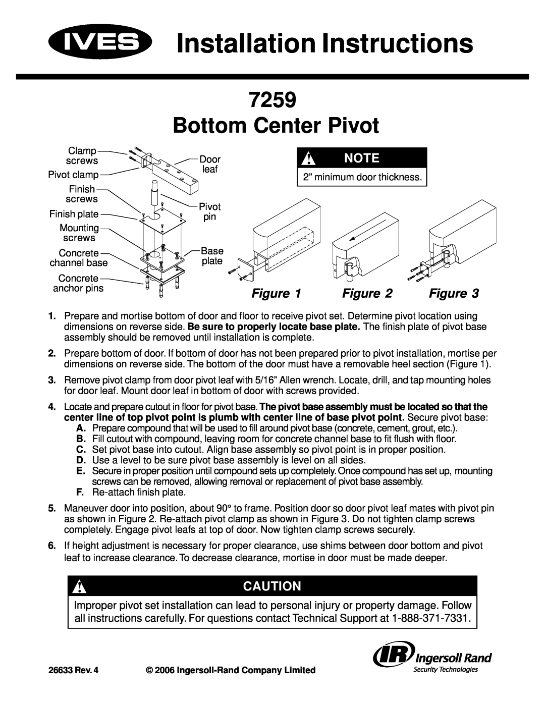 Ives 7259 installation instructions Installation Instructions, Bottom Center Pivot 