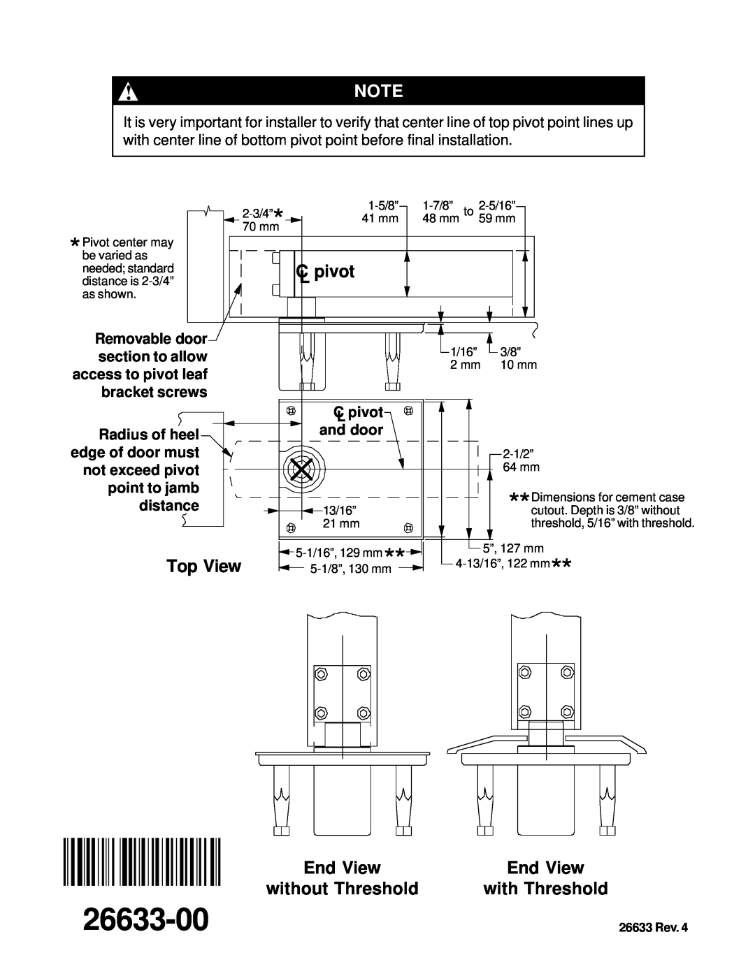 Ives 7259 installation instructions 26633-00, C pivot, Top View, End View, without Threshold, with Threshold 