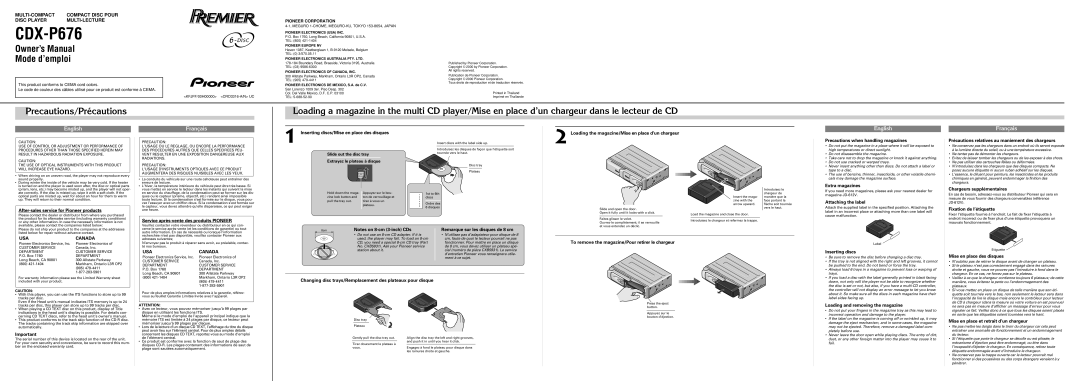 J. A. Henckels CDX-P676 manual Precautions when handling magazines, After-sales service for Pioneer products 