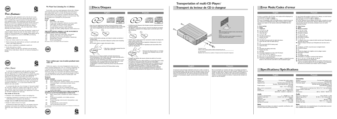 J. A. Henckels CDX-P676 manual Discs/Disques, Specifications/Spécifications, General, Audio, Généralités 