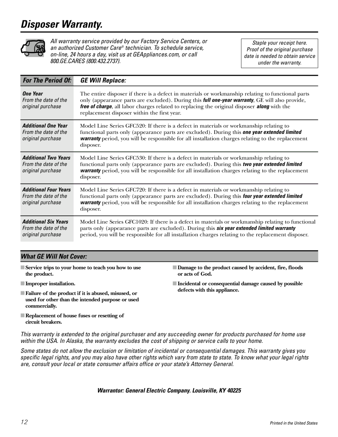 J. A. Henckels GFC720, GFC1020 manual Disposer Warranty, For The Period Of GE Will Replace, What GE Will Not Cover, One Year 