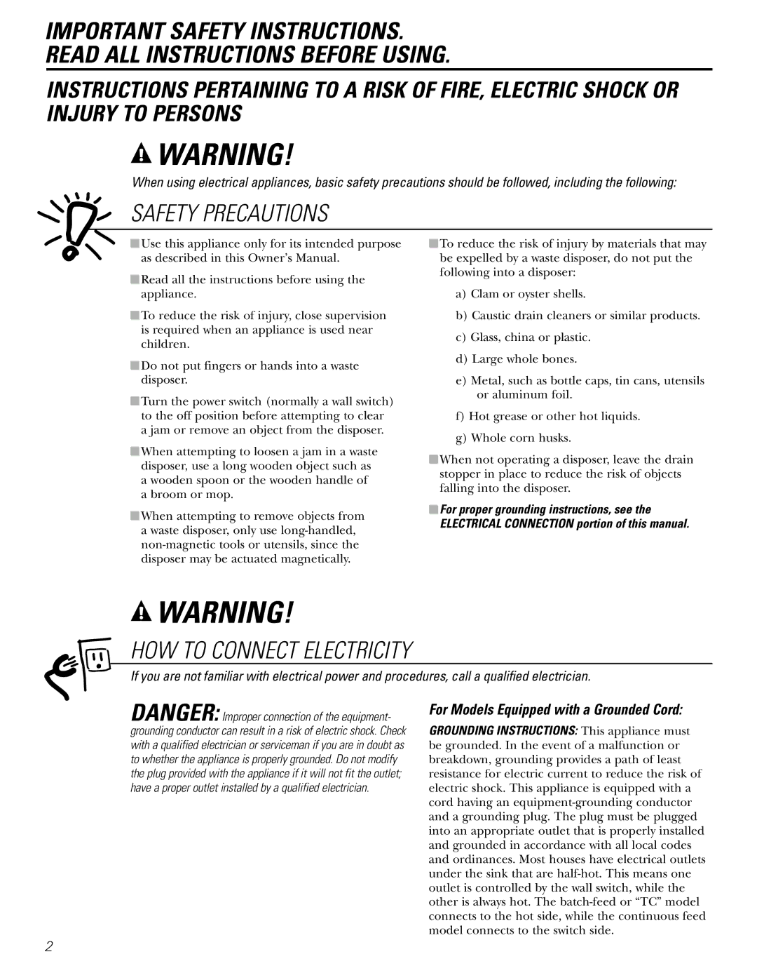 J. A. Henckels GFC530, GFC720, GFC1020, GFC320, GFC520, GFB760 Safety Precautions, For Models Equipped with a Grounded Cord 