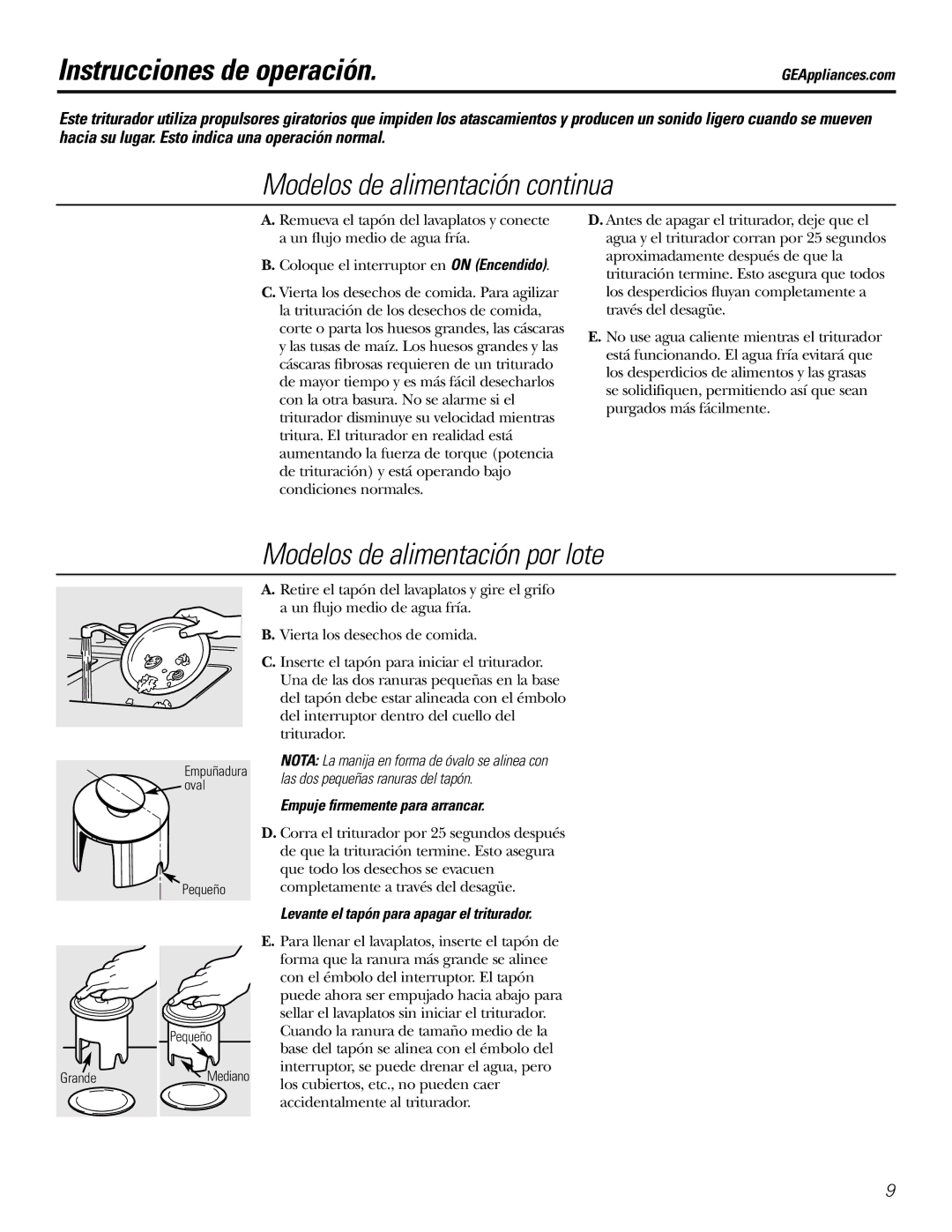 J. A. Henckels GFC320 manual Instrucciones de operación, Modelos de alimentación continua, Modelos de alimentación por lote 