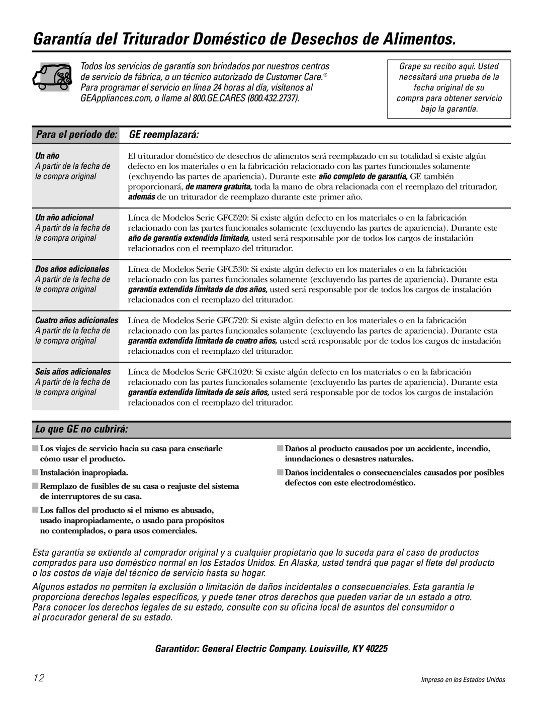 J. A. Henckels GFC720 manual Garantía del Triturador Doméstico de Desechos de Alimentos, Para el período de GE reemplazará 