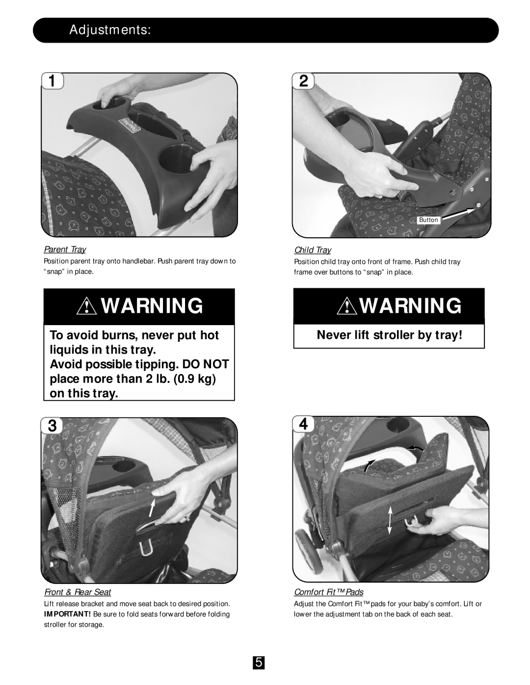 J. Mason FM3156, FB3154 manual Adjustments, Never lift stroller by tray 