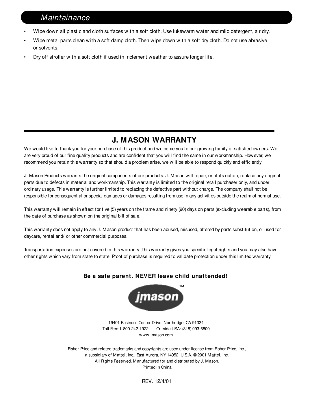 J. Mason FB3154, FM3156 manual Maintainance, Mason Warranty 