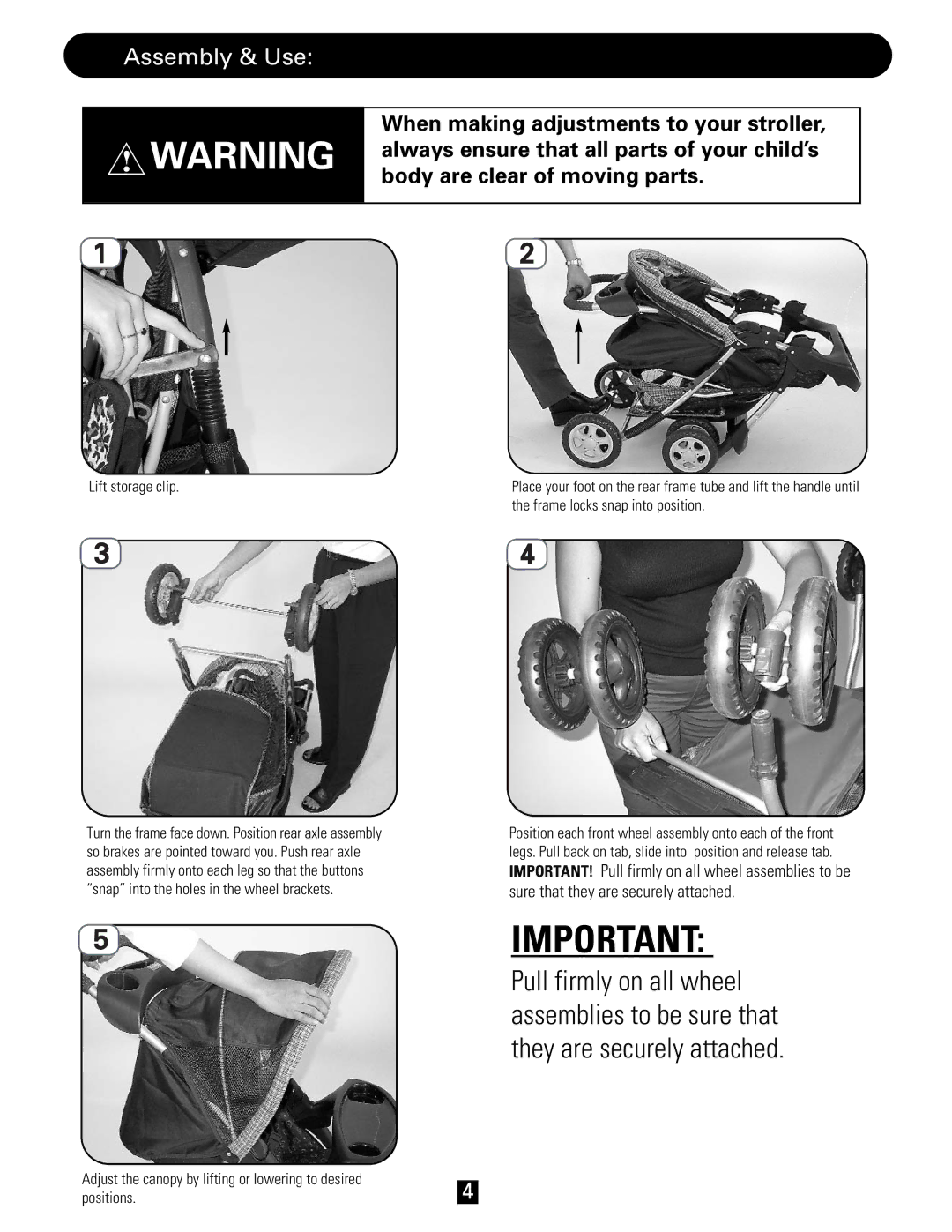 J. Mason FC3148 manual Assembly & Use, When making adjustments to your stroller 