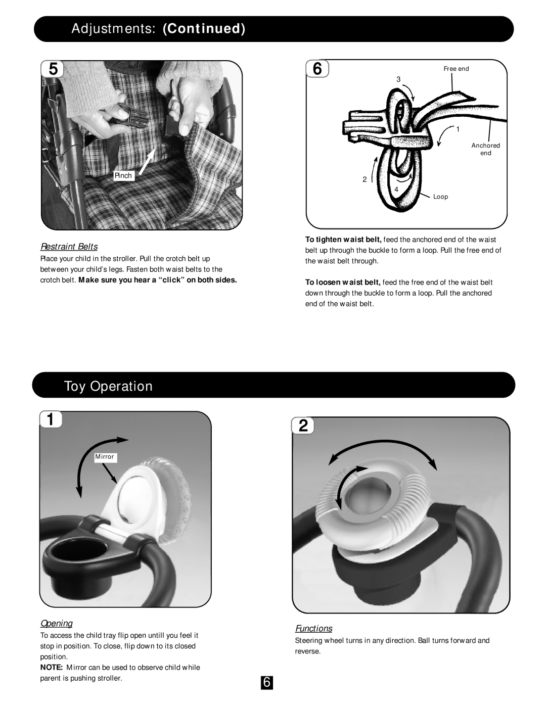 J. Mason FP3330, FP3345 manual Toy Operation, Restraint Belts, Opening, Functions 