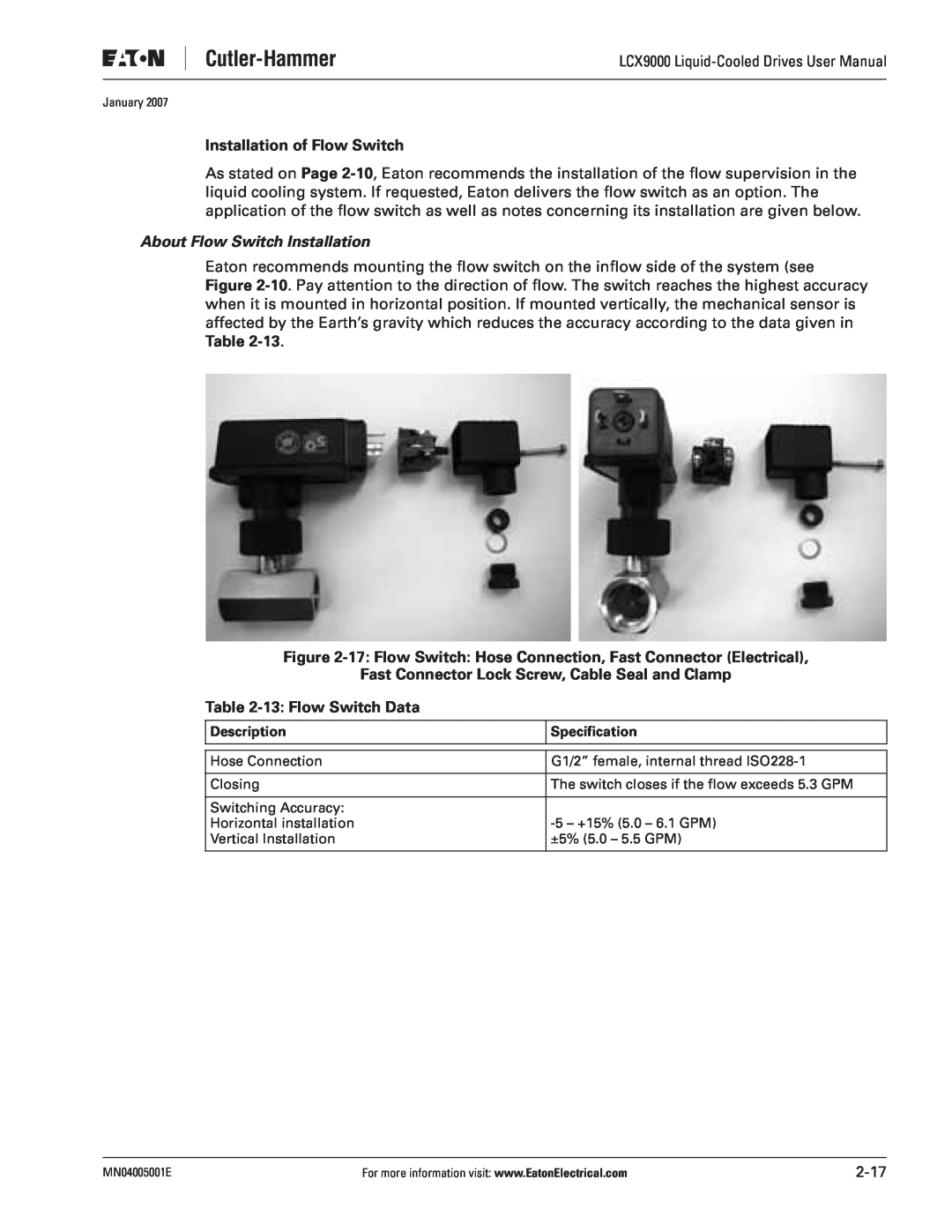 J. T. Eaton LCX9000 user manual Installation of Flow Switch, About Flow Switch Installation, 13 Flow Switch Data 