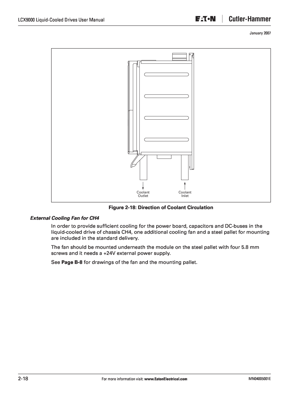 J. T. Eaton LCX9000 user manual 18 Direction of Coolant Circulation, External Cooling Fan for CH4 