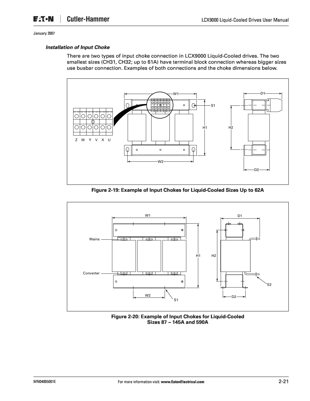 J. T. Eaton LCX9000 user manual Installation of Input Choke, 19 Example of Input Chokes for Liquid-Cooled Sizes Up to 62A 