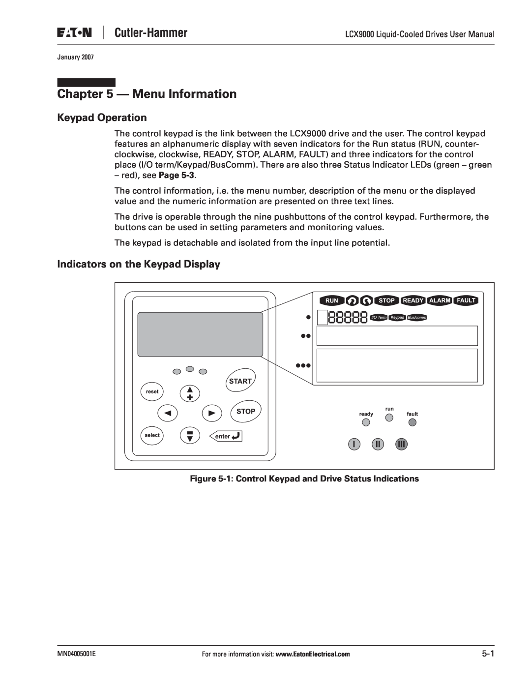 J. T. Eaton LCX9000 user manual Menu Information, Keypad Operation, Indicators on the Keypad Display 