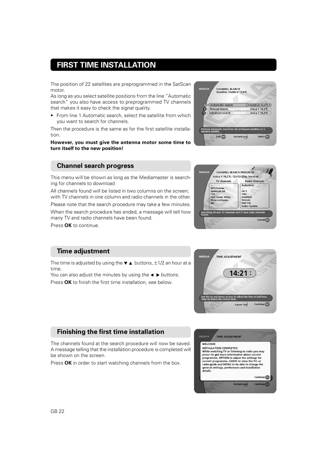 JA Audio 9902S manual Channel search progress, Time adjustment, Finishing the first time installation 