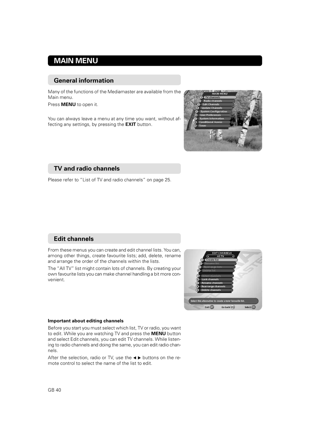 JA Audio 9902S manual Main Menu, TV and radio channels, Edit channels, Important about editing channels 