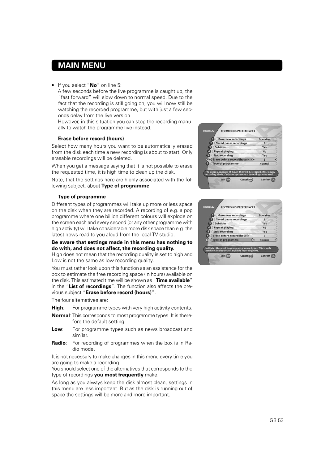 JA Audio 9902S manual Erase before record hours, Type of programme 