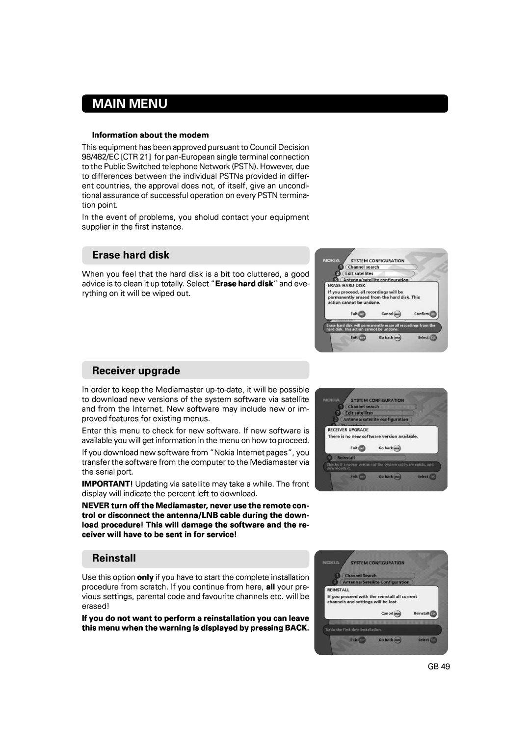 JA Audio 9902S manual Erase hard disk, Receiver upgrade, Reinstall, Main Menu, Information about the modem 