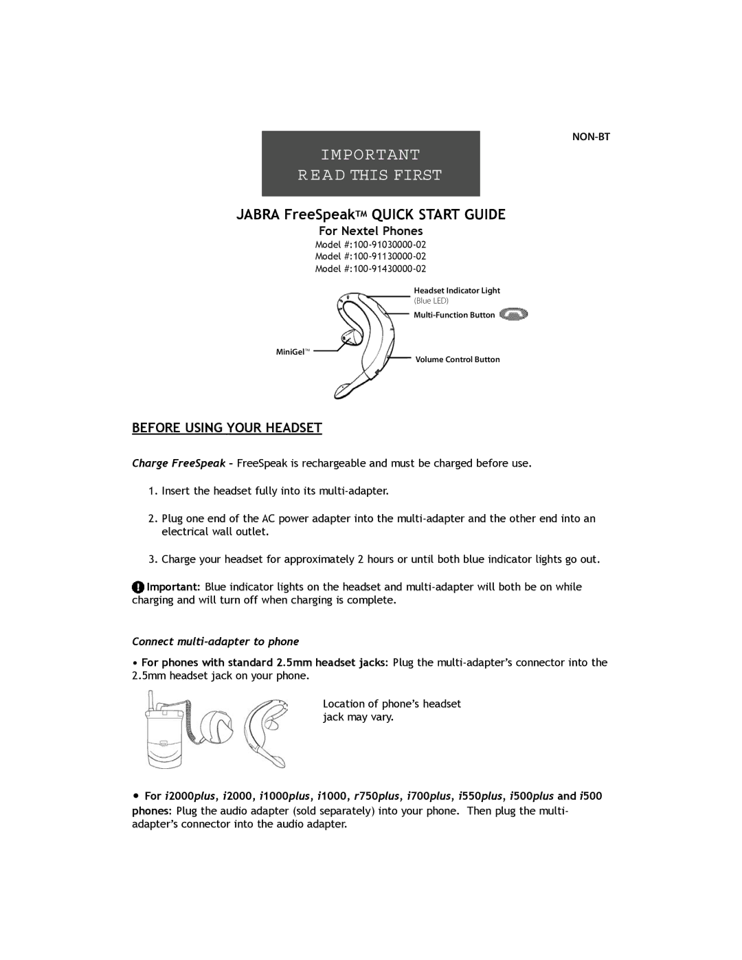 Jabra 100-91030000-02, 100-91430000-02 quick start Before Using Your Headset, Connect multi-adapter to phone 