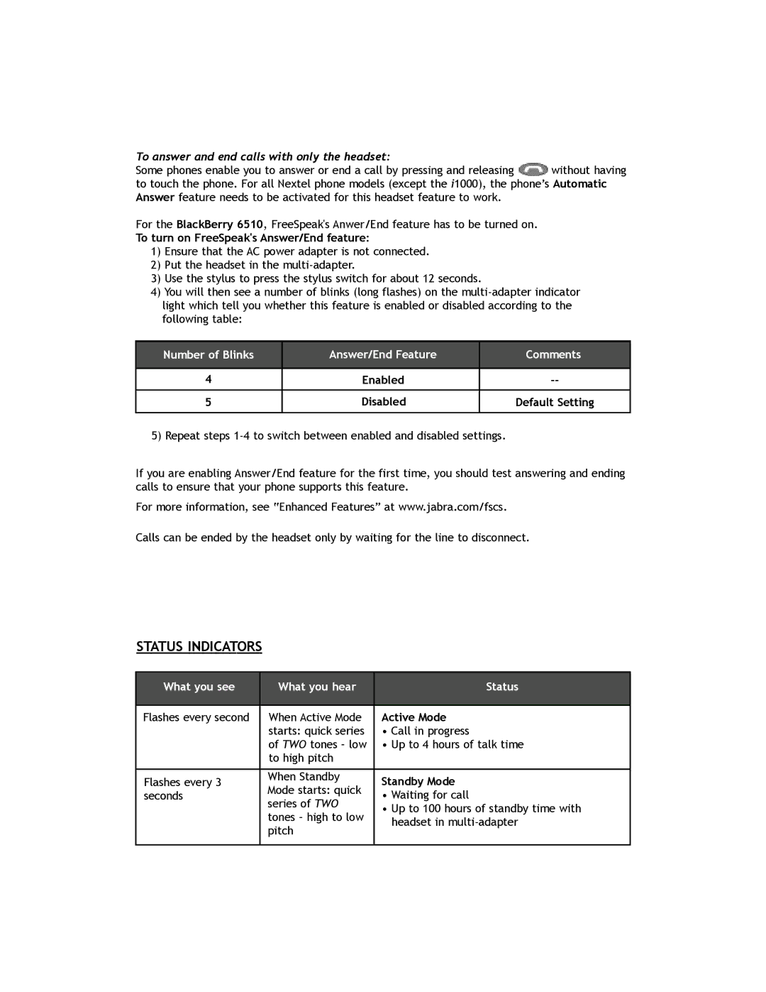 Jabra 100-91430000-02 Status Indicators, To answer and end calls with only the headset, Active Mode, Standby Mode 