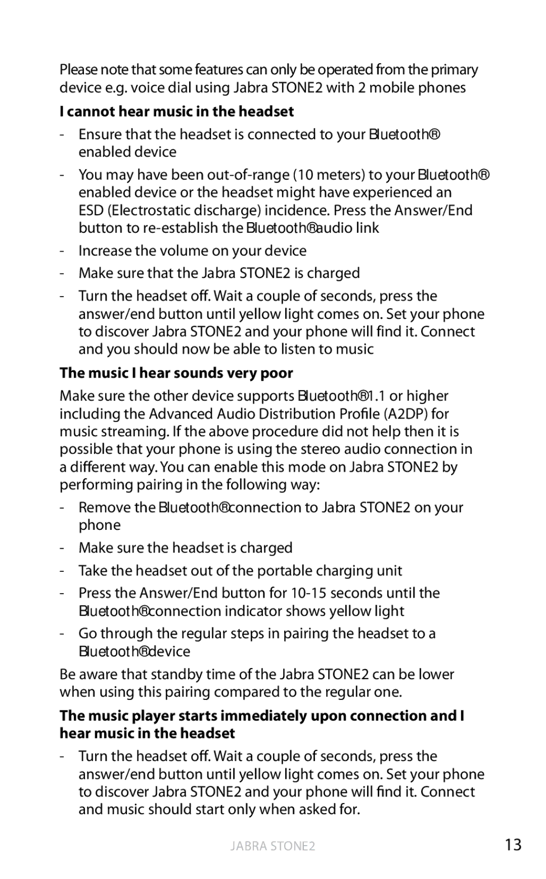 Jabra 2 user manual Cannot hear music in the headset, Music I hear sounds very poor 