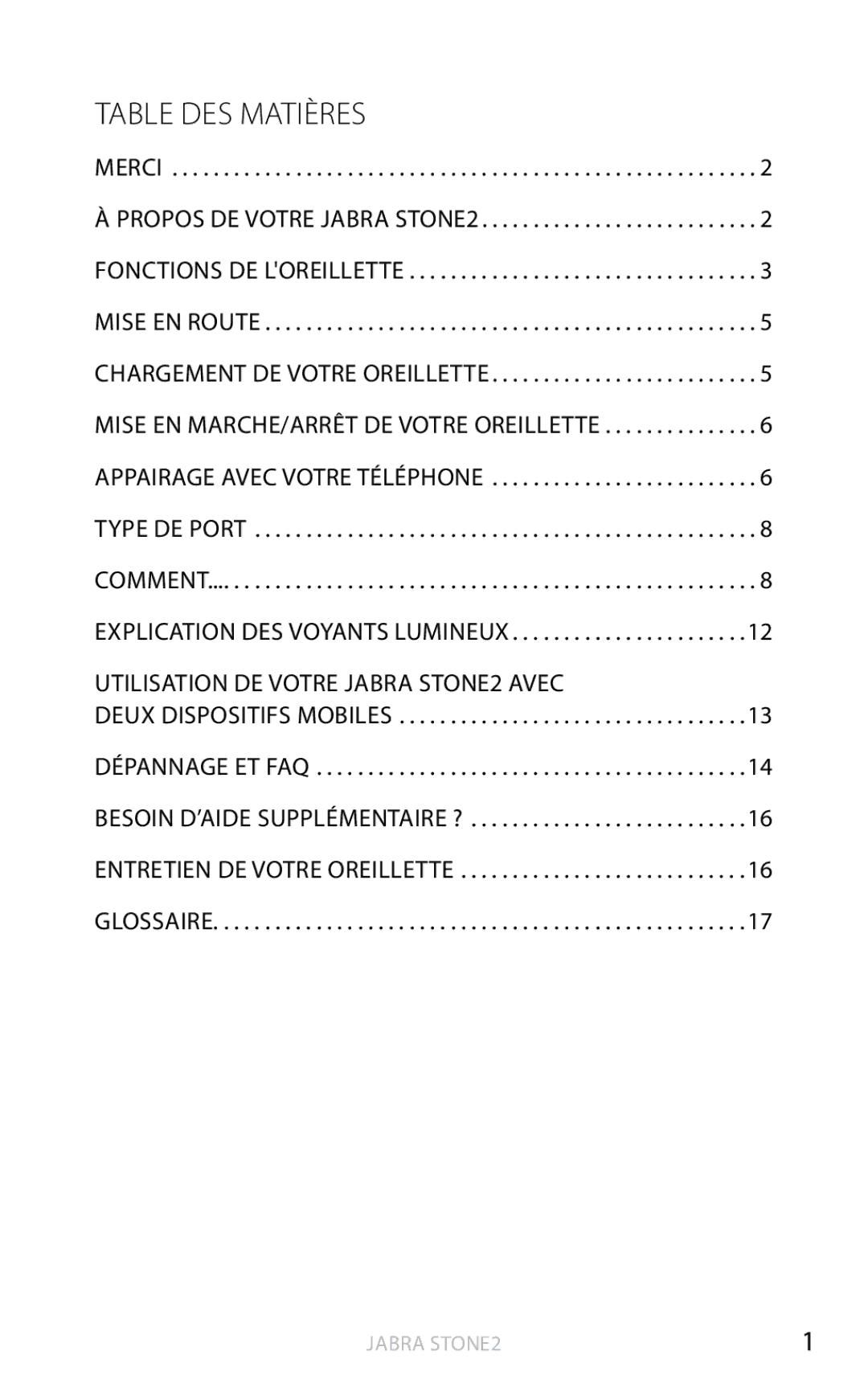 Jabra user manual Table des matières, Propos DE Votre Jabra STONE2 