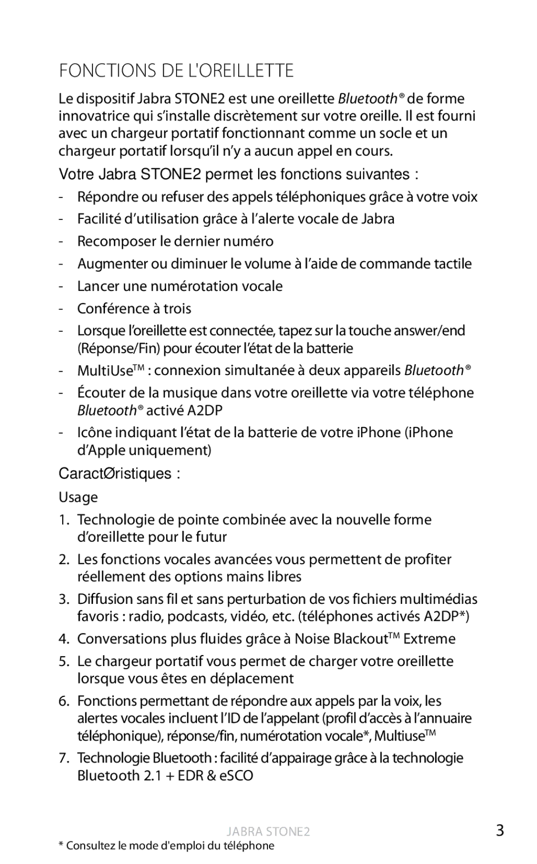 Jabra user manual Fonctions DE Loreillette, Votre Jabra STONE2 permet les fonctions suivantes, Caractéristiques 