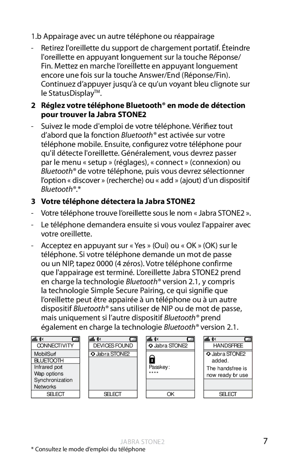 Jabra user manual Votre téléphone détectera la Jabra STONE2 