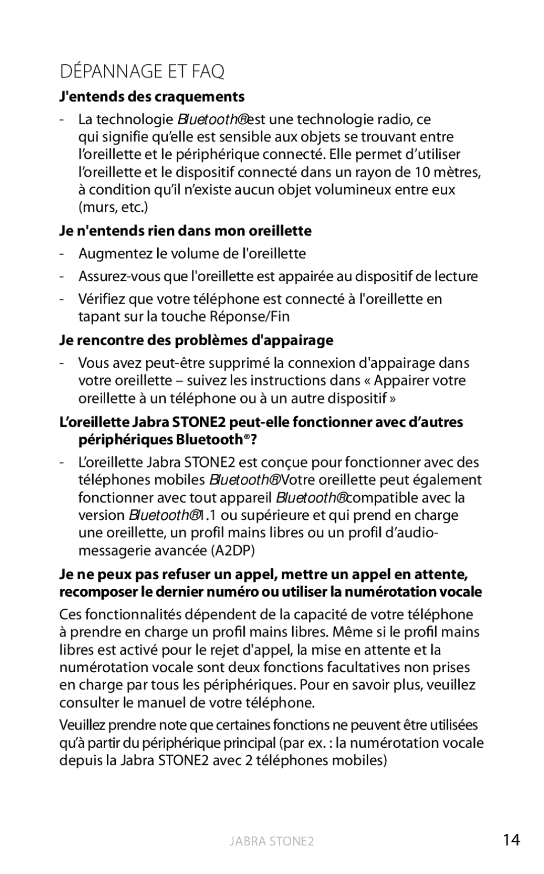 Jabra 2 user manual Dépannage ET FAQ, Jentends des craquements, Je nentends rien dans mon oreillette 