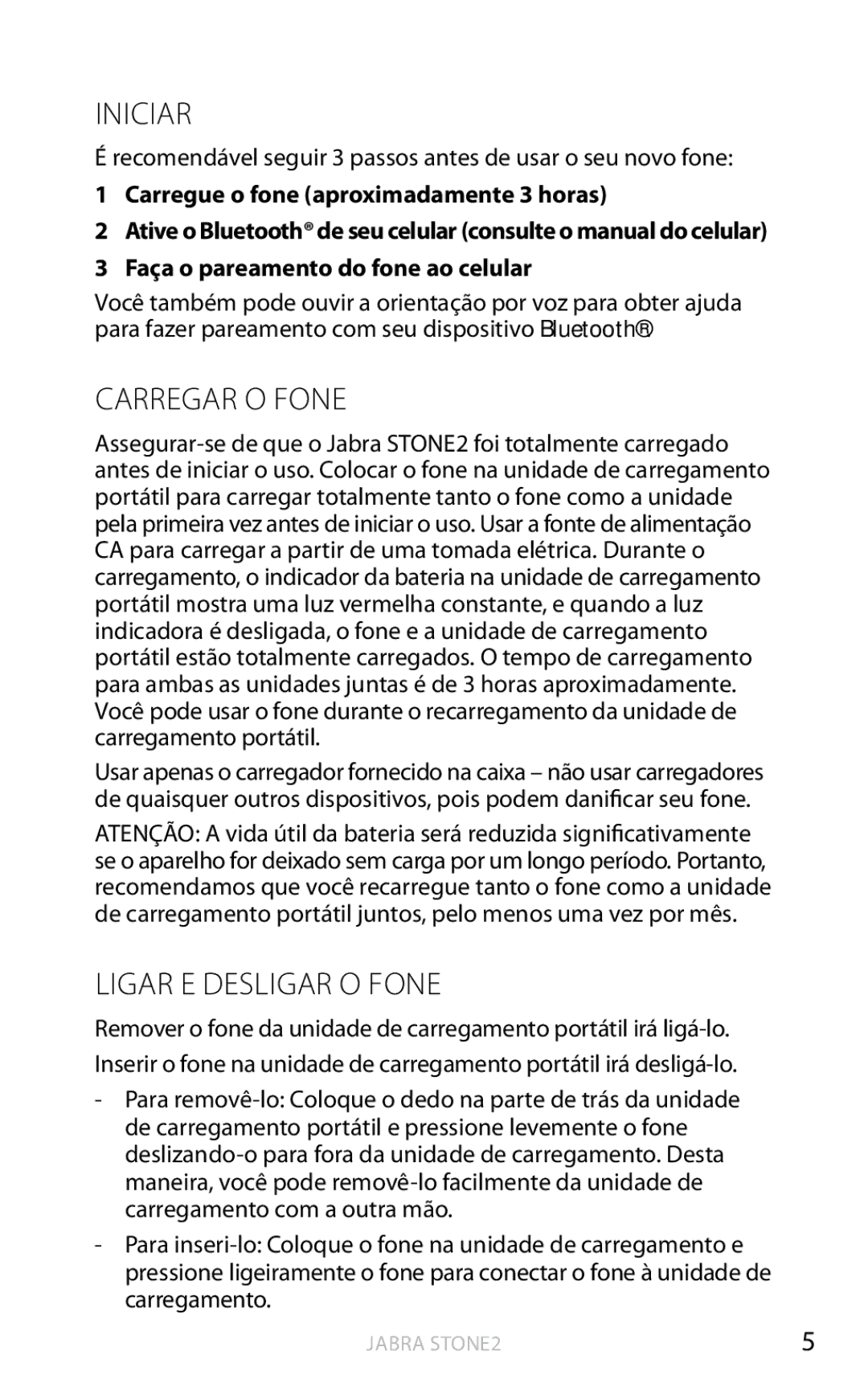 Jabra 2 user manual Iniciar, Carregar O Fone, Ligar E Desligar O Fone 