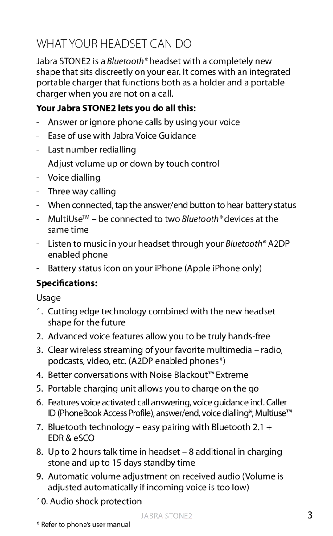 Jabra user manual What Your Headset can do, Your Jabra STONE2 lets you do all this, Specifications Usage 