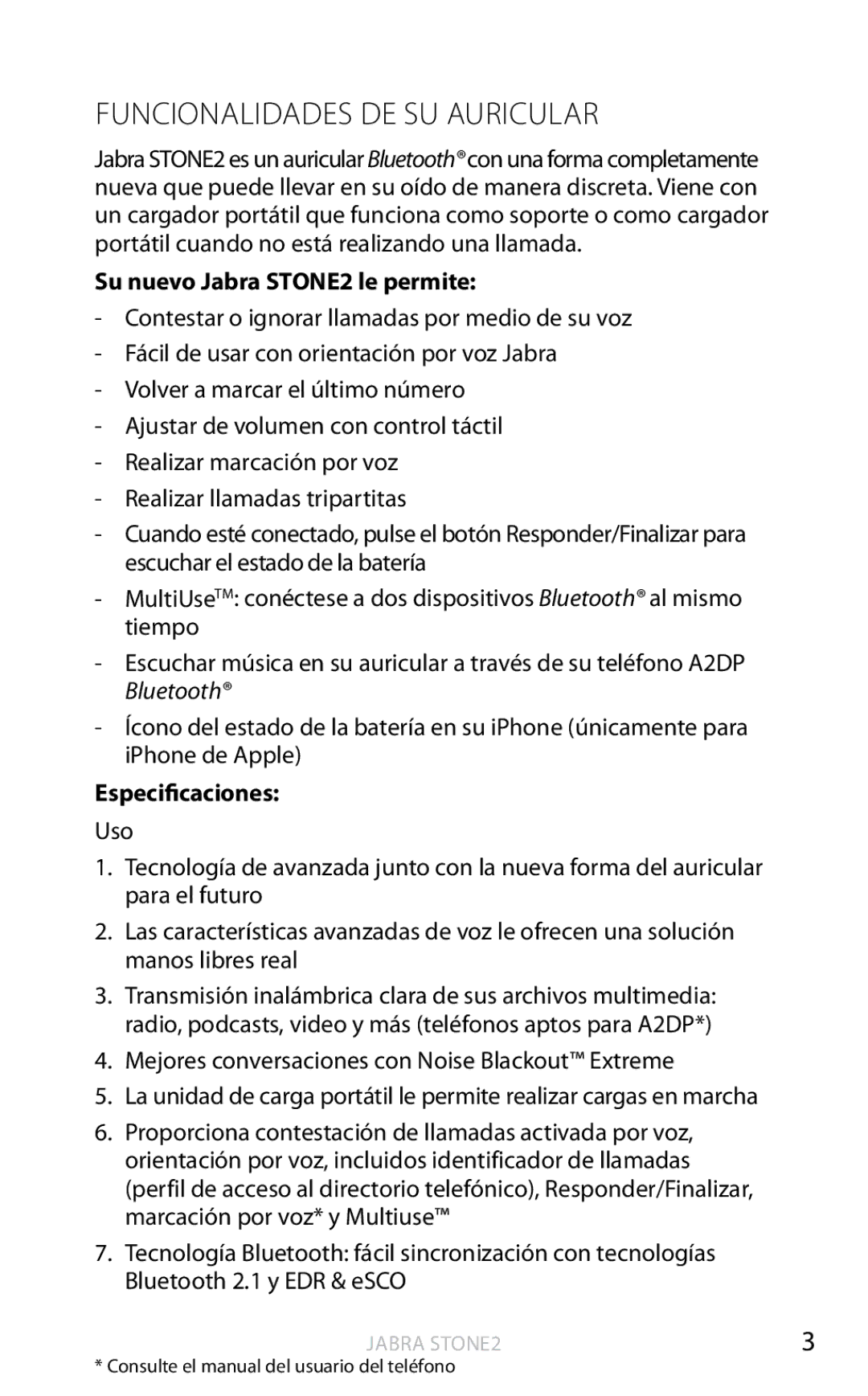 Jabra user manual Funcionalidades DE SU Auricular, Su nuevo Jabra STONE2 le permite, Especificaciones 