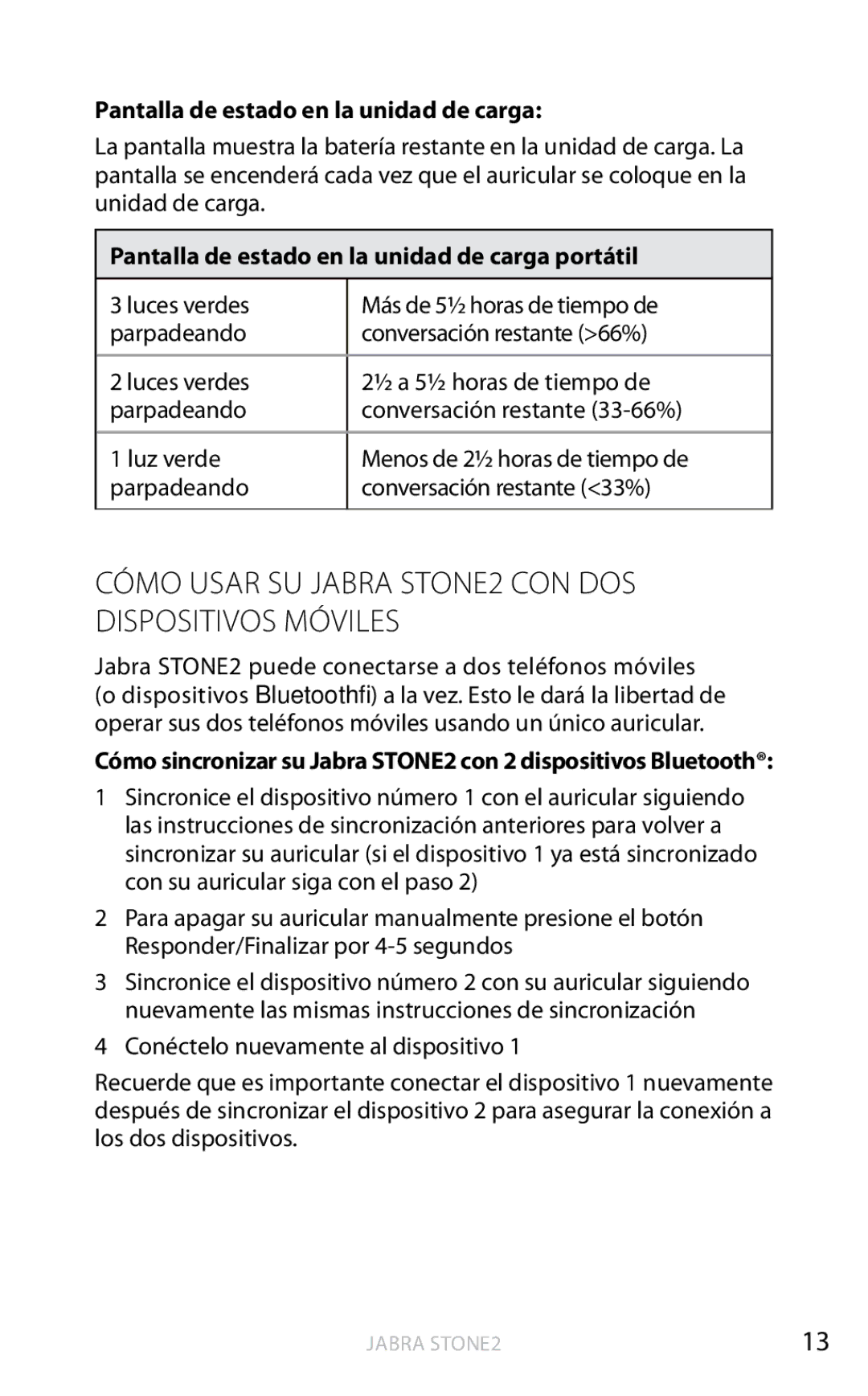 Jabra user manual Cómo Usar SU Jabra STONE2 CON DOS Dispositivos Móviles, Pantalla de estado en la unidad de carga 