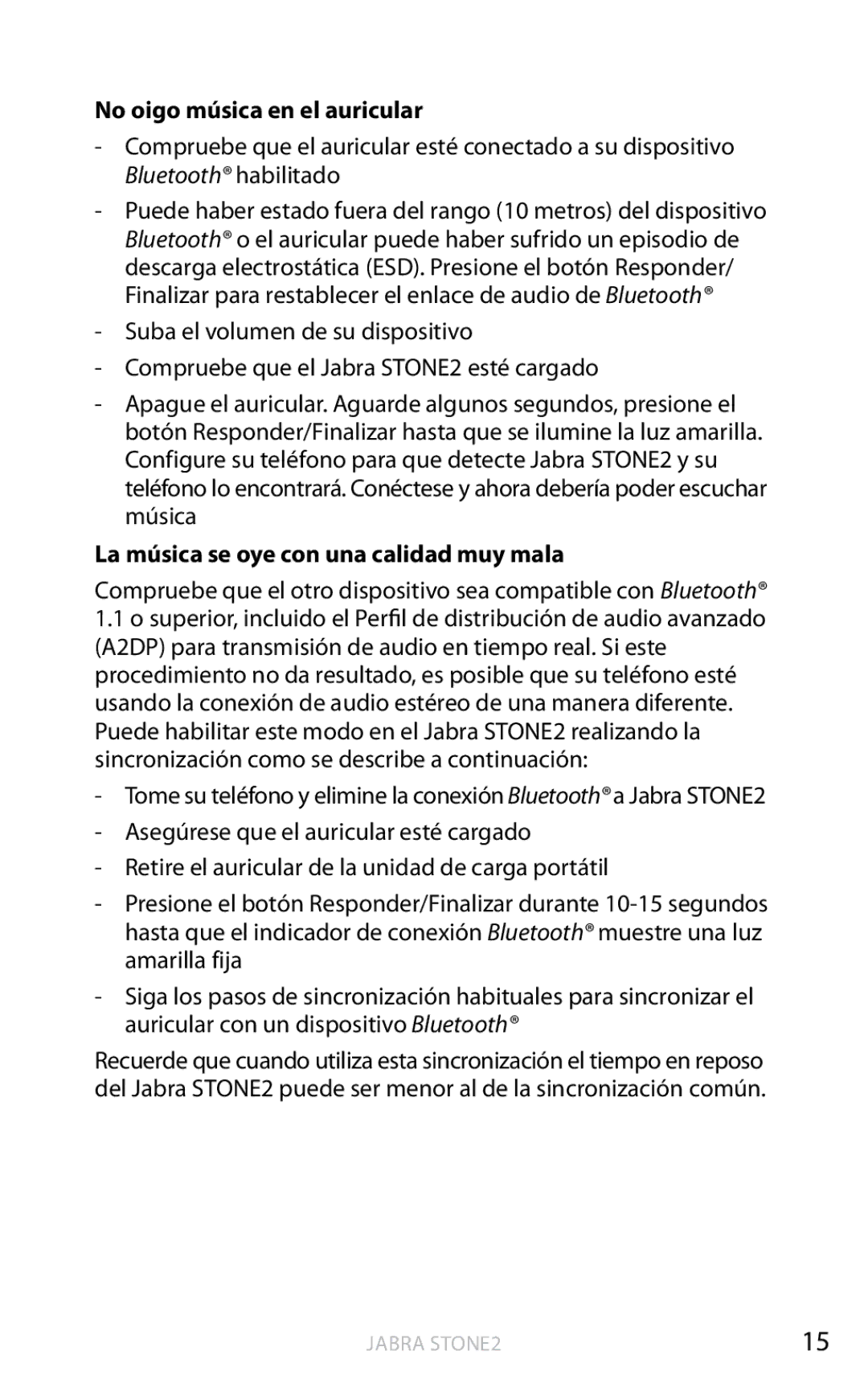 Jabra 2 user manual No oigo música en el auricular, La música se oye con una calidad muy mala 