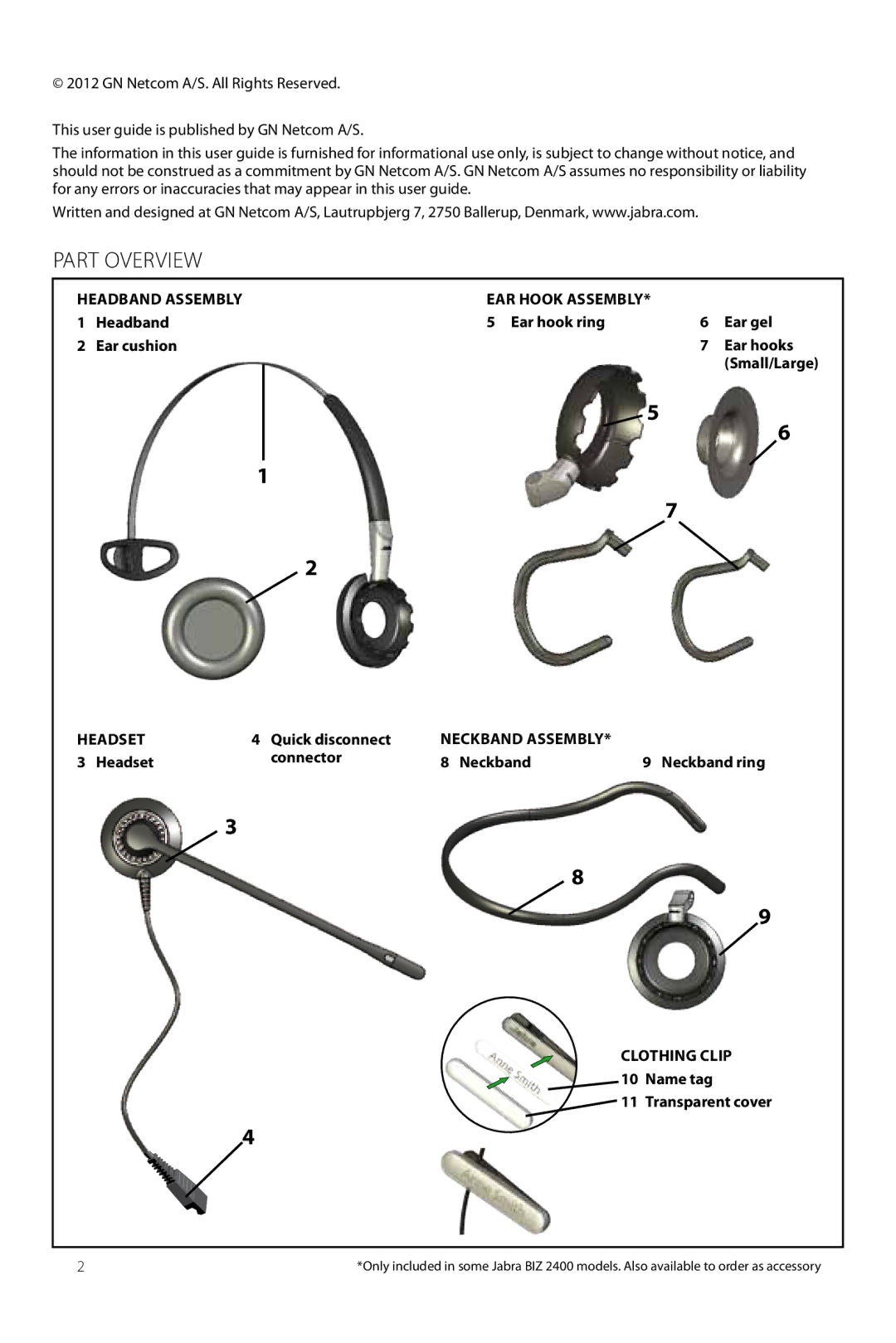 Jabra 2400 user manual Part overview 