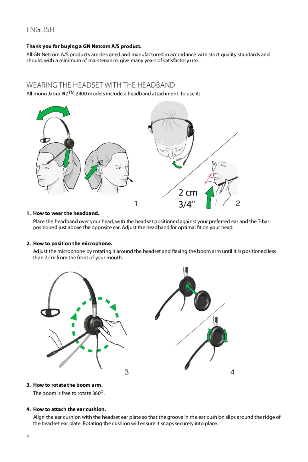 Jabra 2400 user manual English, Wearing the Headset With the Headband 