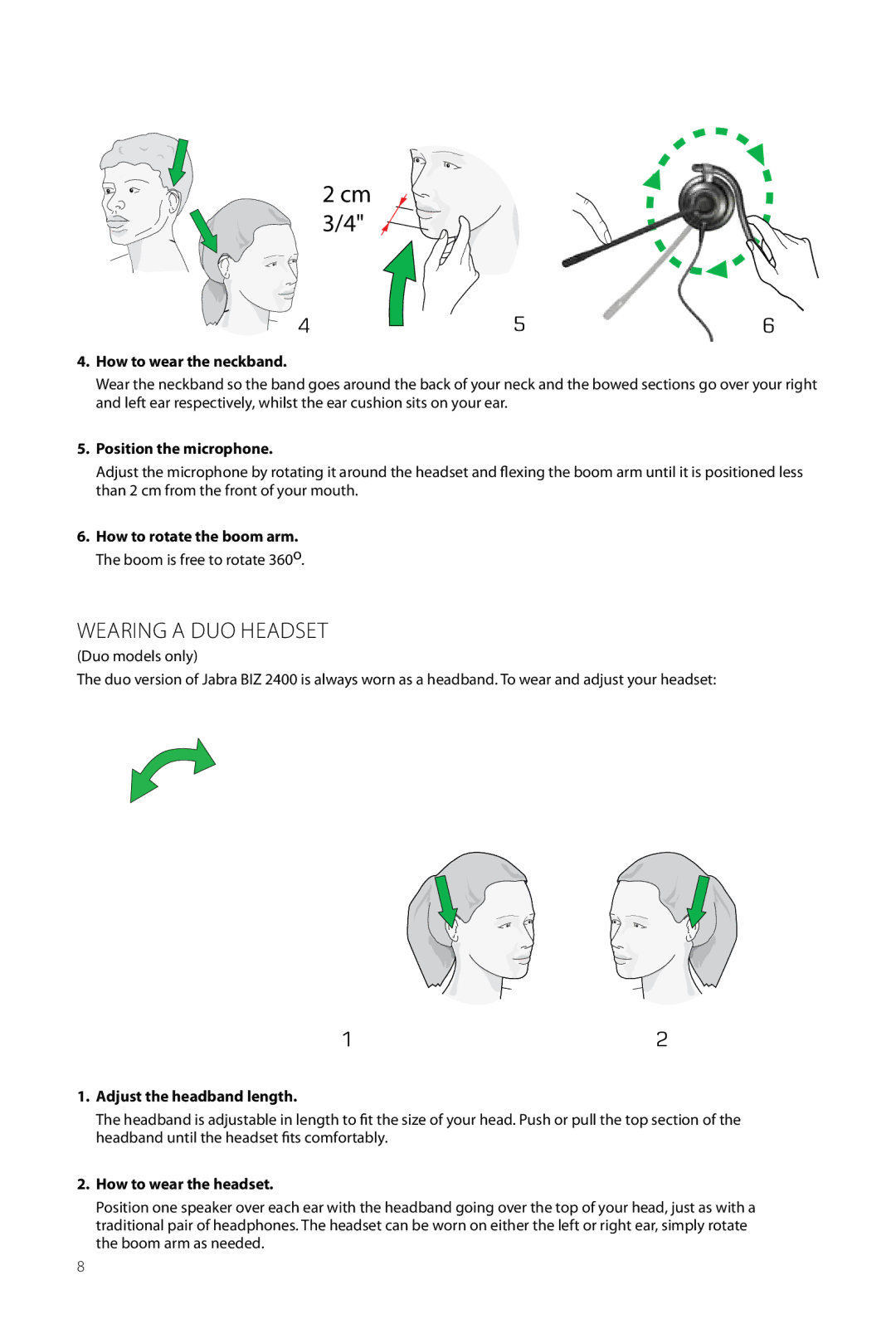 Jabra 2400 user manual Wearing a Duo Headset, How to wear the neckband, Position the microphone, Adjust the headband length 