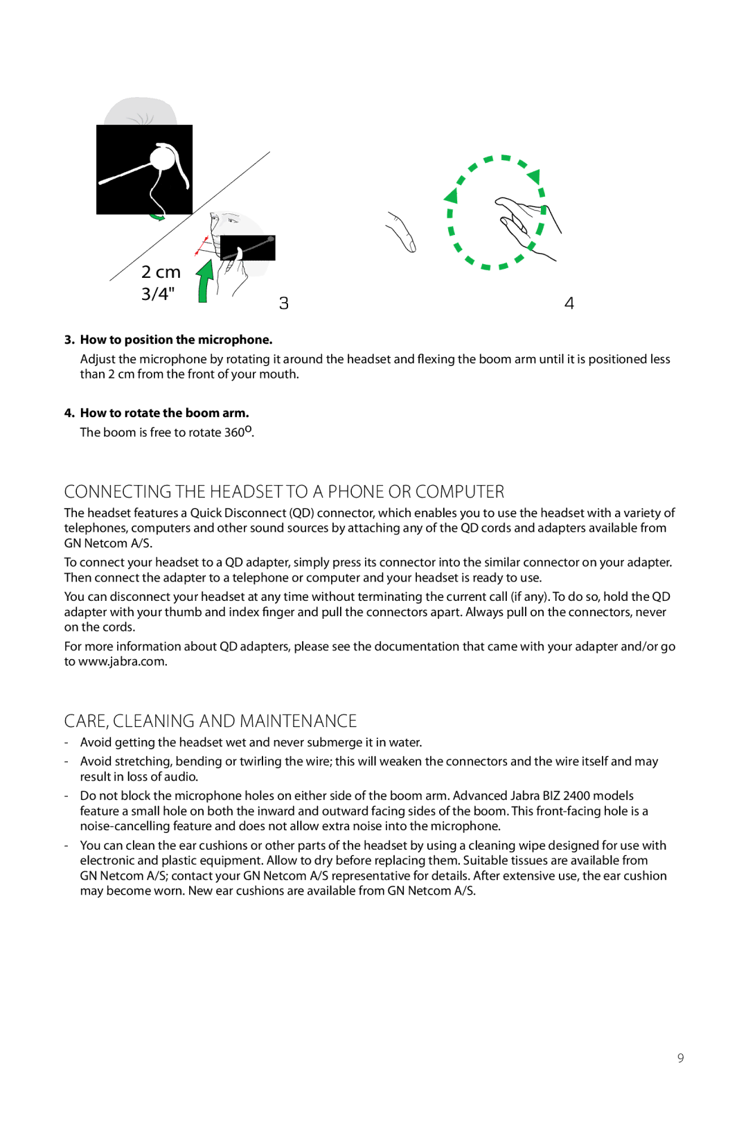 Jabra 2400 user manual Connecting the Headset to a Phone or Computer, Care, Cleaning and Maintenance 