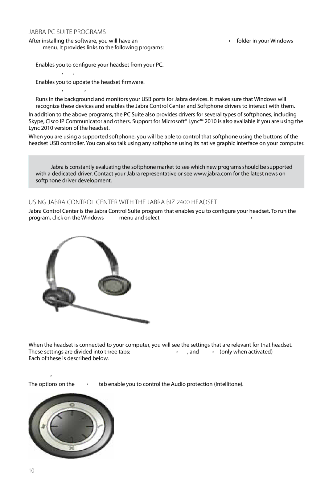 Jabra 2400 user manual Jabra Control Center, Jabra Device Firmware Updater, Jabra Devices Service, Settings Tab 