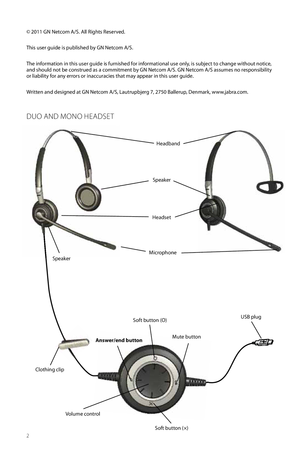 Jabra 2400 user manual Duo and mono headset, Answer/end button 