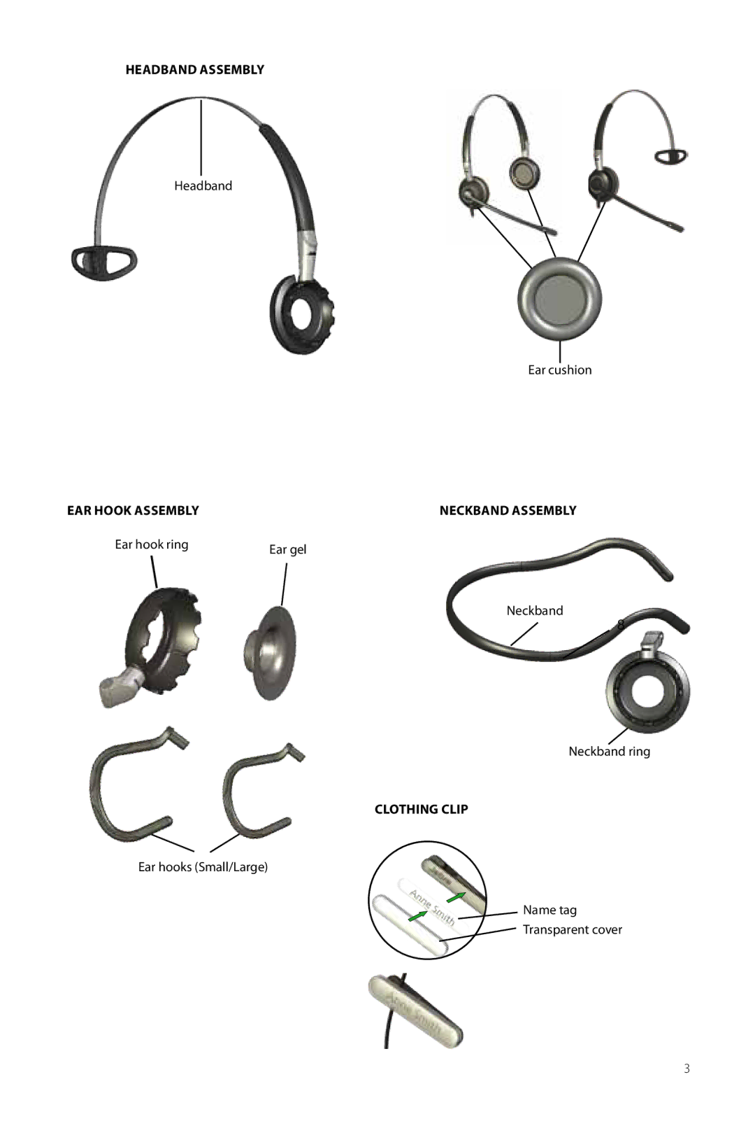 Jabra 2400 user manual Headband Assembly, Ear hook Assembly Neckband Assembly, Clothing Clip 