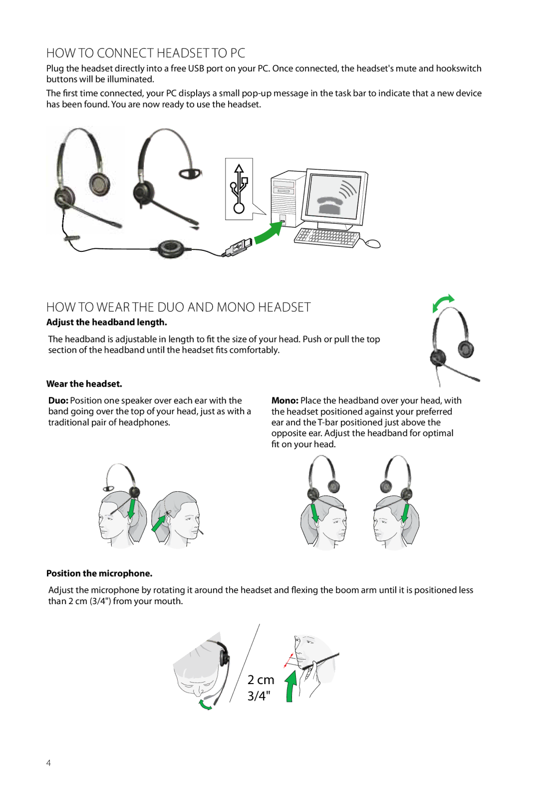 Jabra 2400 user manual How to connect headset to PC, How to Wear the Duo and mono Headset, Cm 3/4 