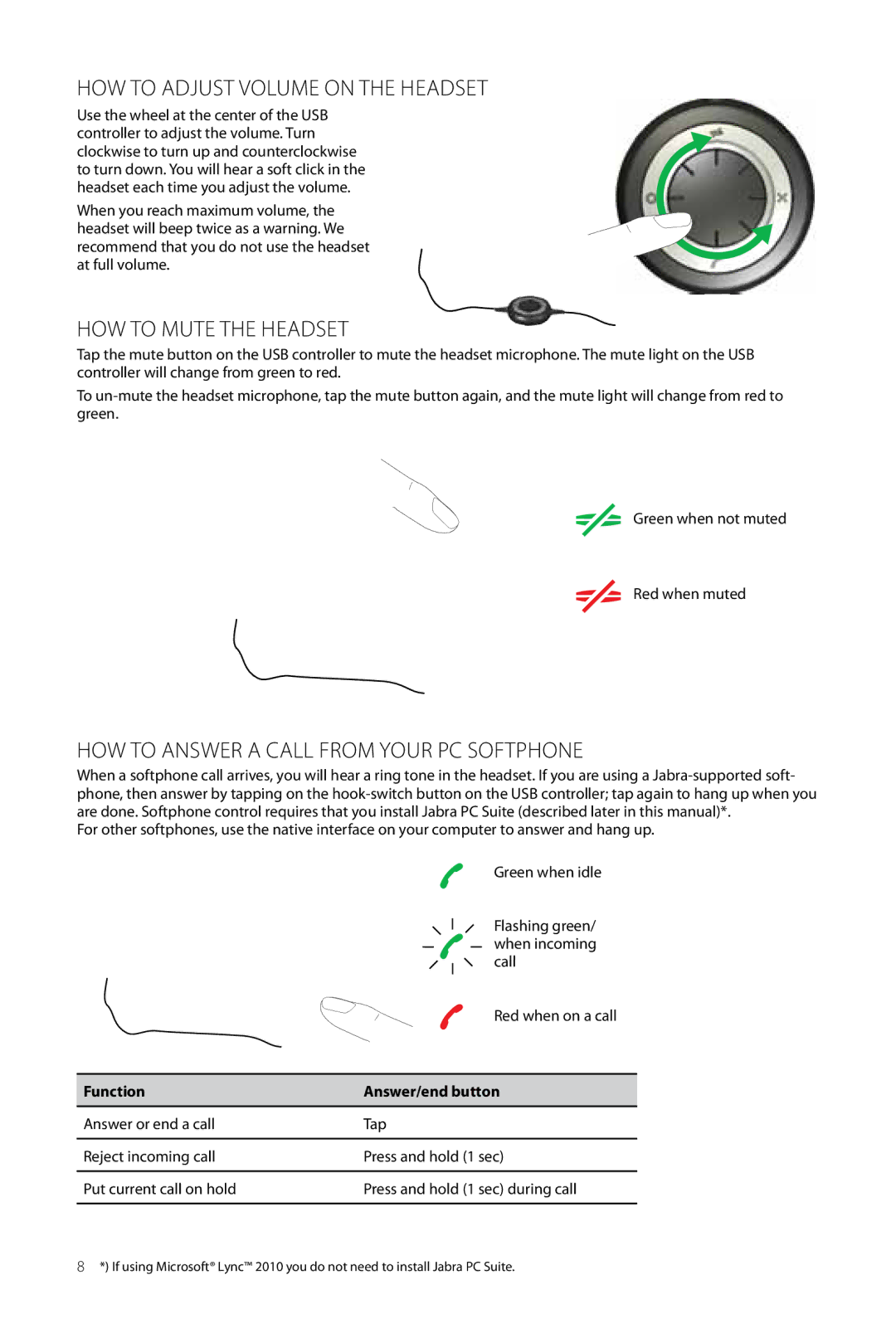 Jabra 2400 How to adjust volume on the Headset, How to answer a call from your PC SoftPhone, Function Answer/end button 