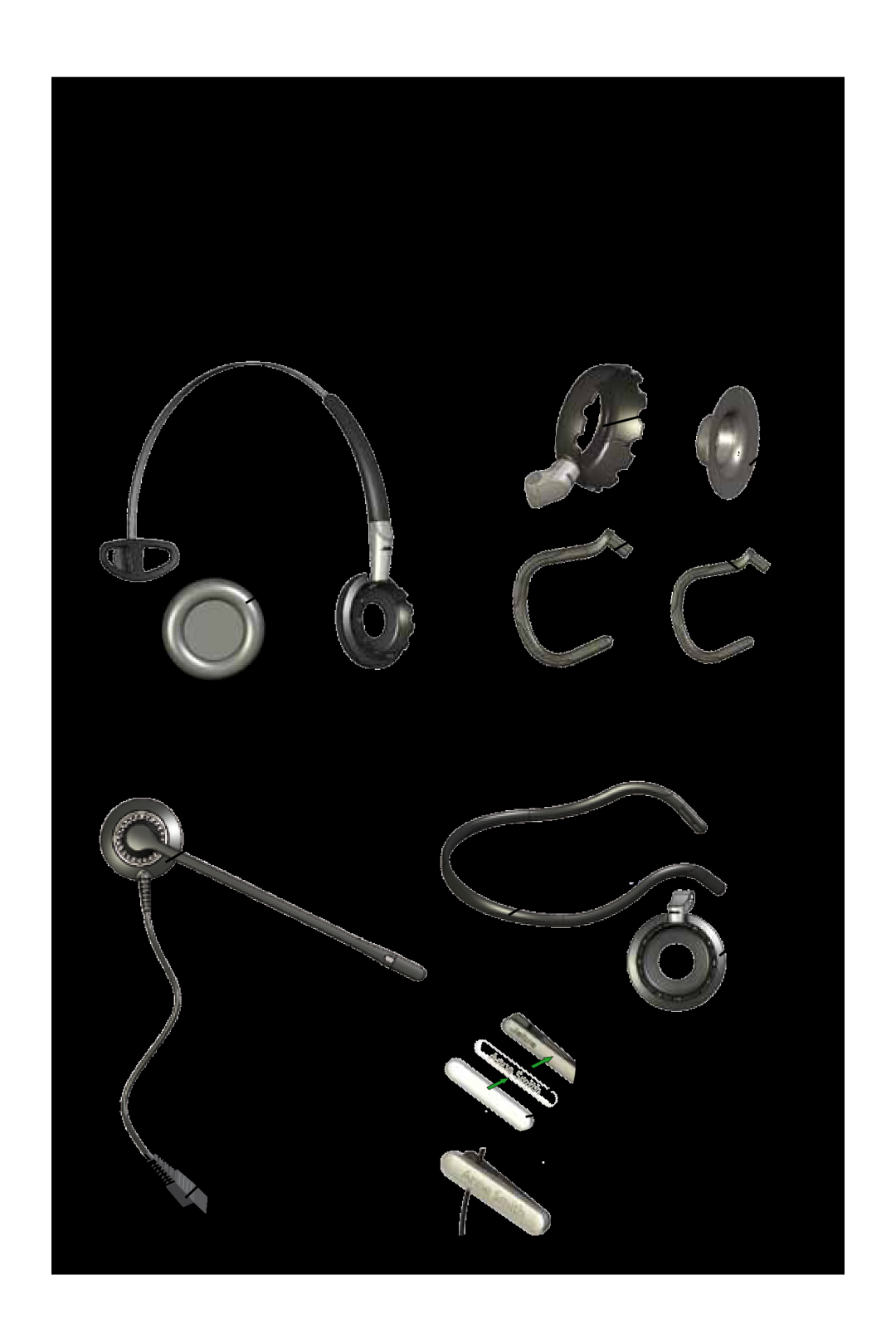 Jabra 2400 part overview, Headband Assembly, Ear hook Assembly, Ear hook ring, Ear gel, Ear cushion, Ear hooks, Headset 