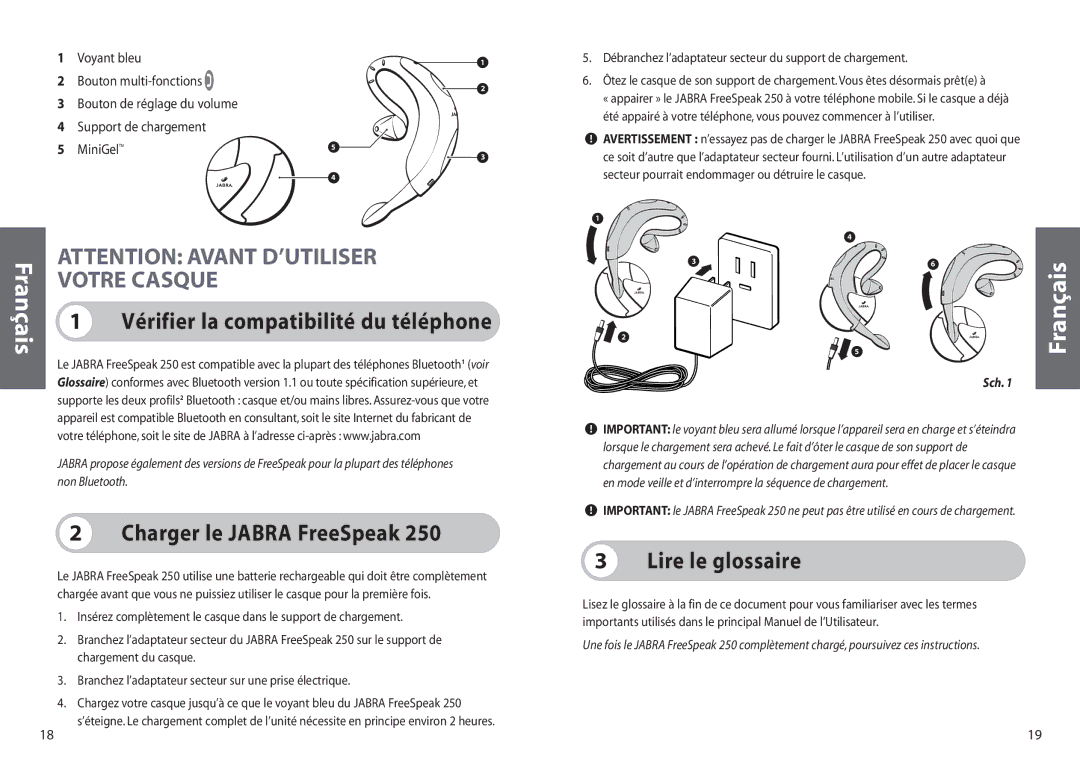 Jabra 250 Votre Casque, Charger le Jabra FreeSpeak, Lire le glossaire, Vérifier la compatibilité du téléphone, Sch 