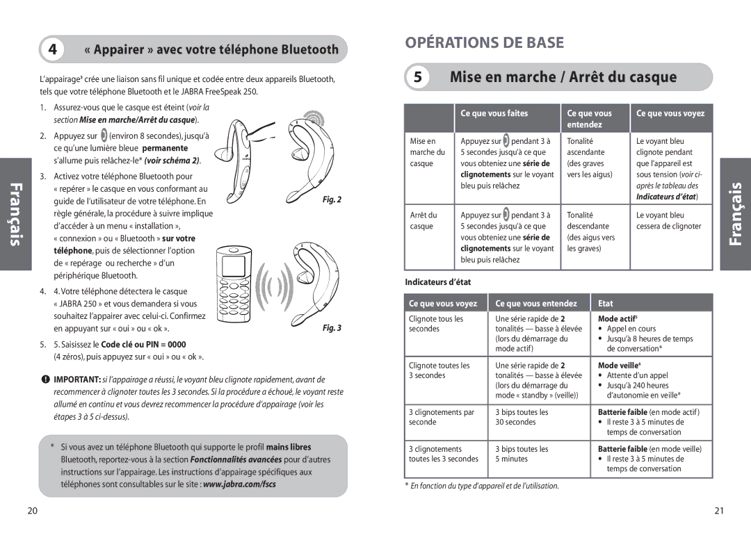 Jabra 250 user manual Opérations DE Base, Mise en marche / Arrêt du casque, Ce que vous faites, Entendez, Etat 